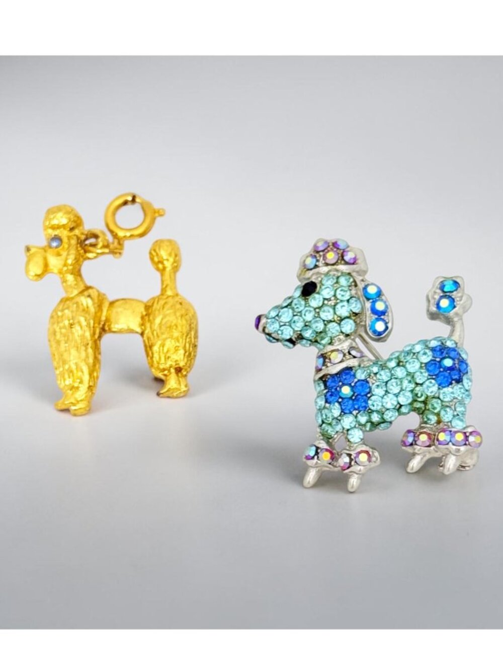 Vintage Small Poodles Jewelry Gold Tone Charm & Rhinestone Brooch